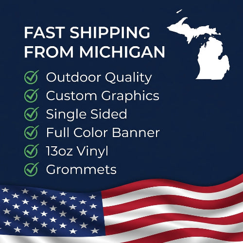 Promotional graphic for fast shipping from Michigan with outdoor quality, custom graphics, and American flag design.